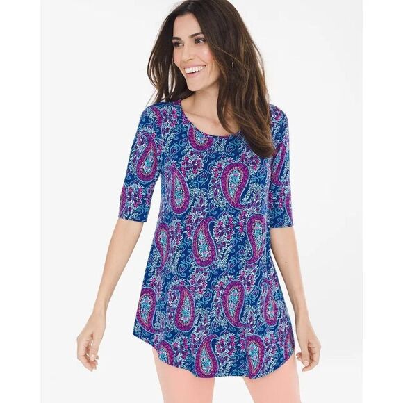 Chico’s Paisley Short Sleeve Top Size 2 (12)  Stretchy NWOT - Picture 1 of 12